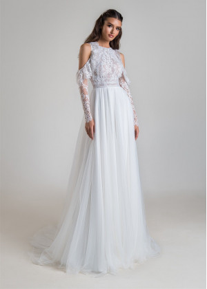Beaded Long Sleeve Ivory Eyelash Lace Tulle Wedding Dress